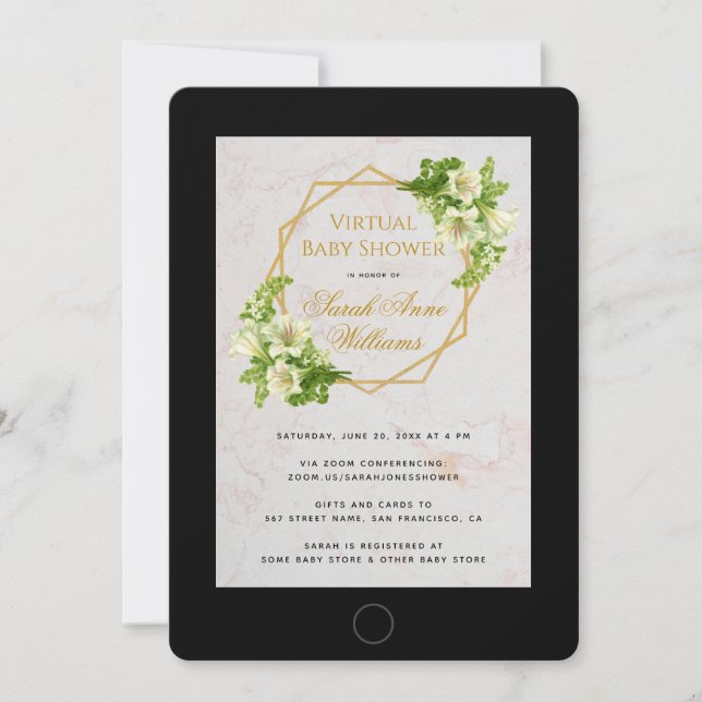 Invitation Baby shower virtuel Lys Tablet Floral Géométrique (Devant)