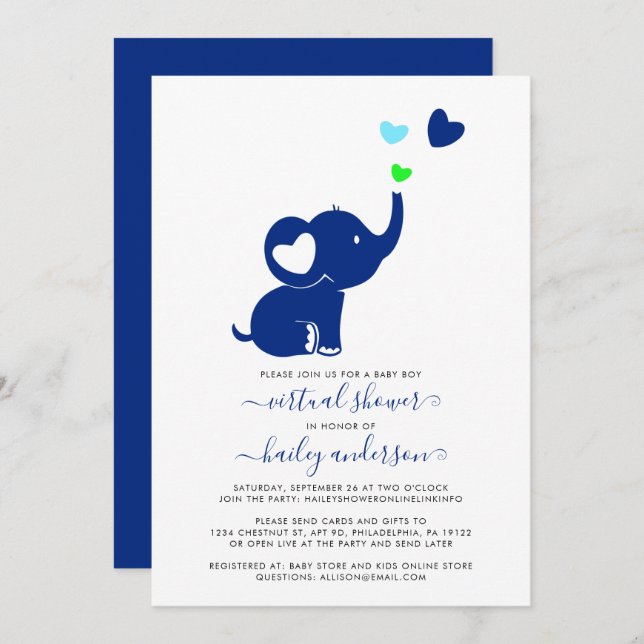 Invitation Baby shower virtuel minimal Blue Boy Elephant (Devant / Derrière)