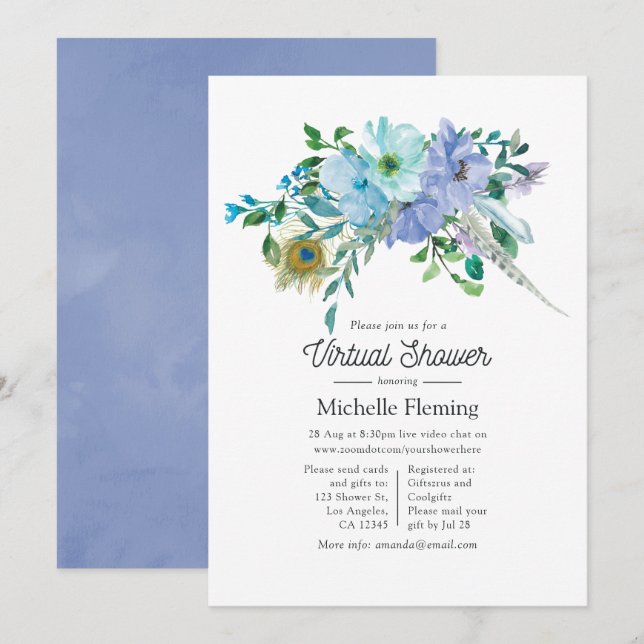 Invitation Baby shower virtuel Mint et Blue Boho (Devant / Derrière)