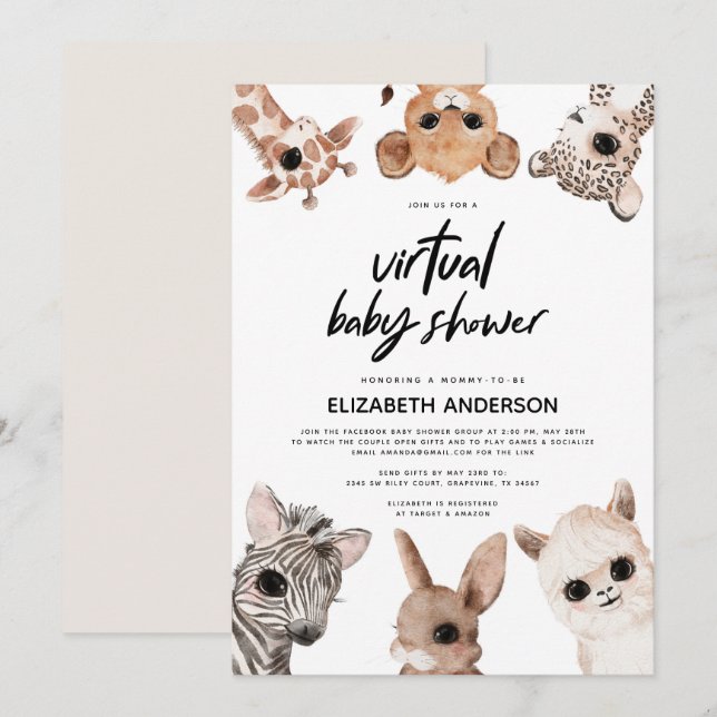 Invitation Baby shower virtuel moderne des animaux de forêt (Devant / Derrière)