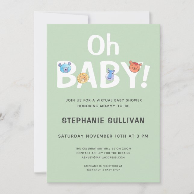Invitation Baby shower virtuel moderne Oh Baby Green (Devant)