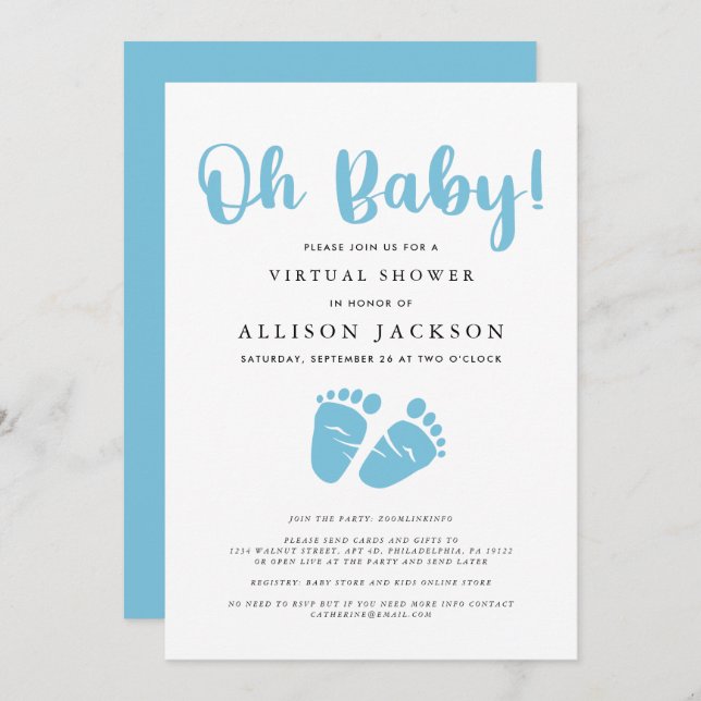 Invitation Baby shower virtuel Oh Baby Boy | Pieds de bébé si (Devant / Derrière)