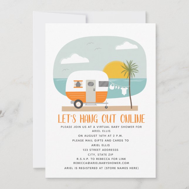 Invitation Baby shower virtuel Orange Beach Camper en ligne (Devant)