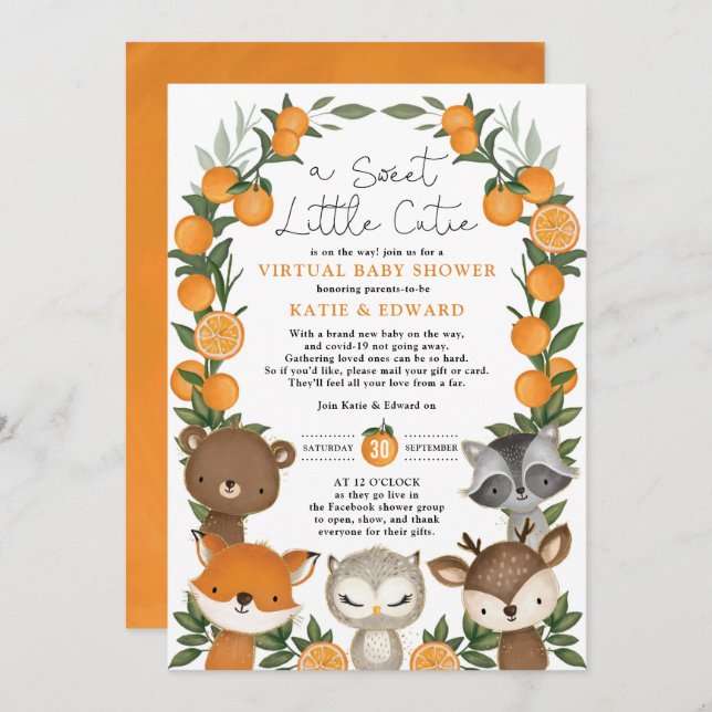 Invitation Baby shower virtuel Orange Citrus Woodland Animaux (Devant / Derrière)