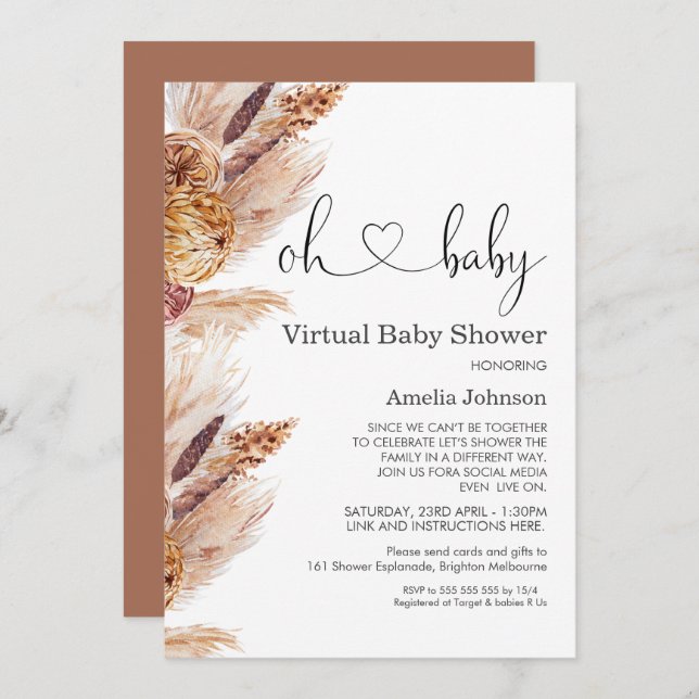 Invitation Baby shower virtuel Pampas Grass Boho (Devant / Derrière)