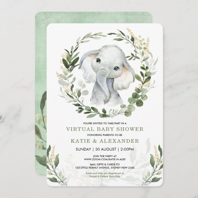 Invitation Baby shower virtuel par courrier | Elephant vert (Devant / Derrière)