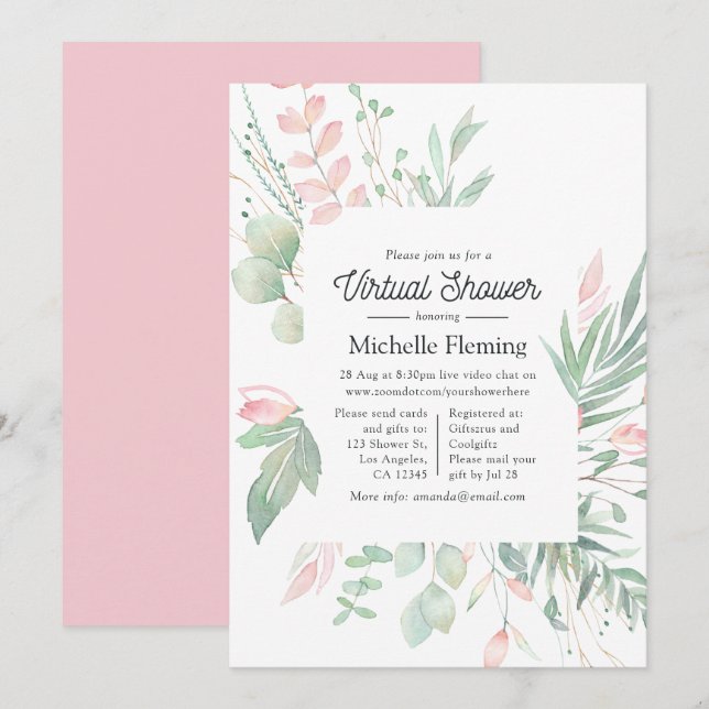 Invitation Baby shower virtuel Pastel Blush Greenery (Devant / Derrière)