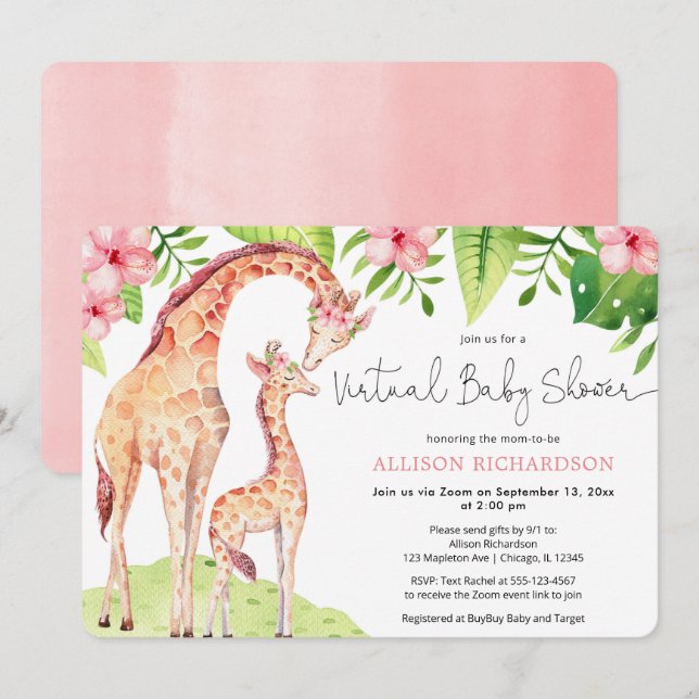 Invitation Baby shower virtuel petite fille de safari en gira (Devant / Derrière)