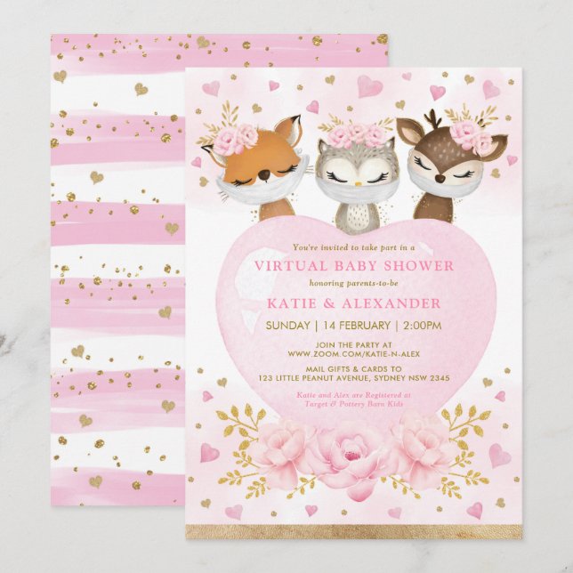 Invitation Baby shower virtuel Pink Gold Woodland (Devant / Derrière)