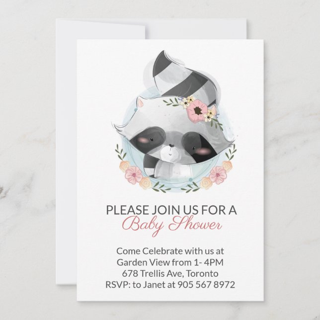 Invitation Baby shower virtuel Pink Watercolor Raccoon (Devant)