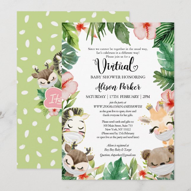 Invitation Baby shower virtuel pour les filles | Amis Safari (Devant / Derrière)