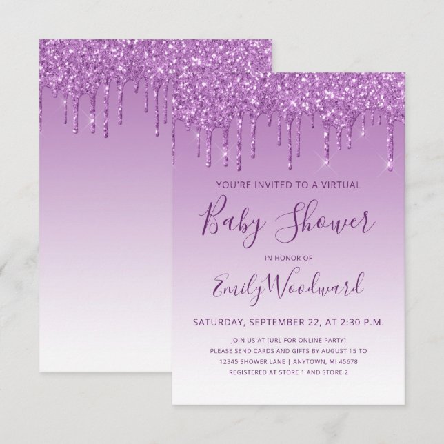 Invitation Baby shower virtuel Purple Parties scintillant Dri (Devant / Derrière)