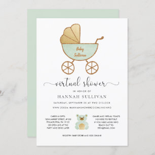 Invitation Baby shower virtuel   Retro Carriage Green Gold