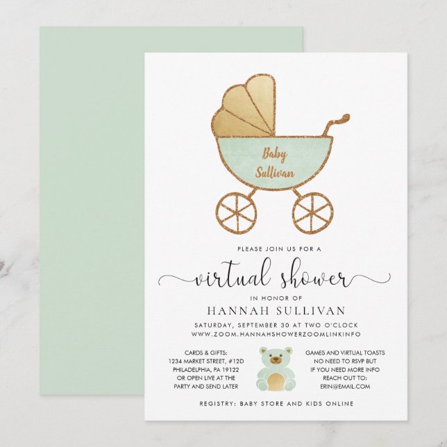 Invitation Baby shower virtuel Retro Carriage Mint Gold (Devant / Derrière)