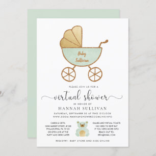 Invitation Baby shower virtuel Retro Carriage Mint Gold