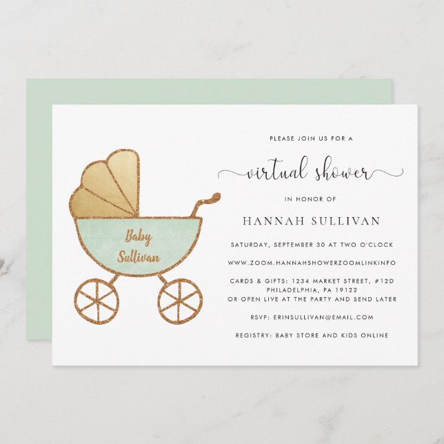 Invitation Baby shower virtuel Retro Carriage Watercolor Mint (Devant / Derrière)