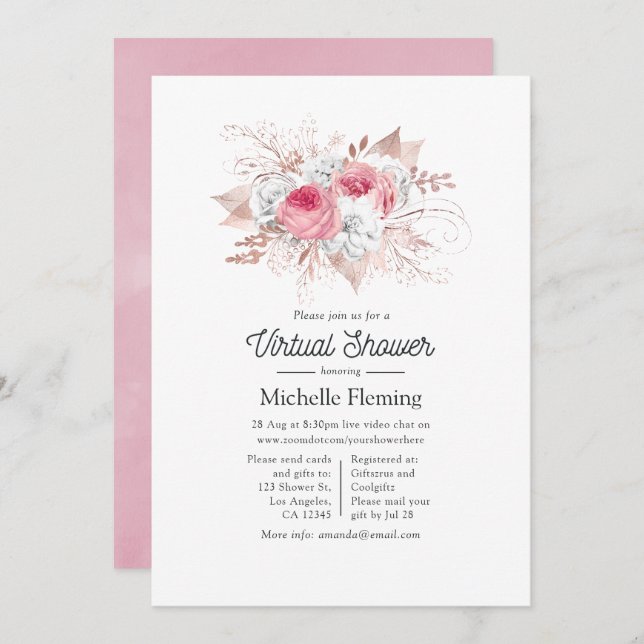 Invitation Baby shower virtuel rose et Rose Gold Floral (Devant / Derrière)