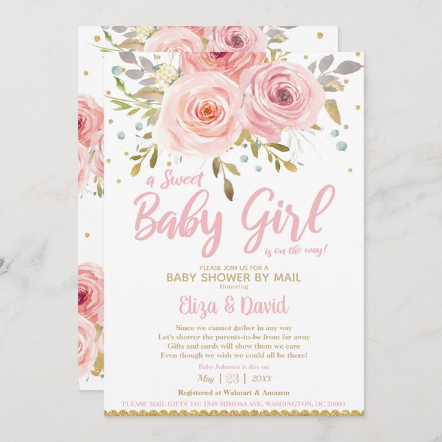 Invitation Baby shower virtuel rose flou floral par Mail Girl (Devant / Derrière)