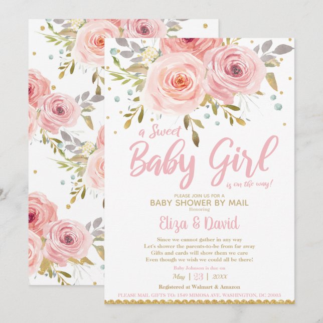 Invitation Baby shower virtuel rose flou floral par Mail Girl (Devant / Derrière)
