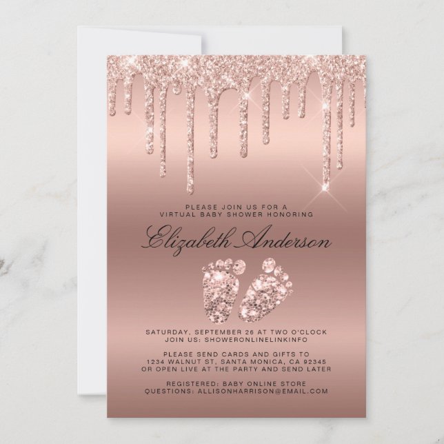 Invitation Baby shower virtuel Rose Gold Parties scintillant  (Devant)