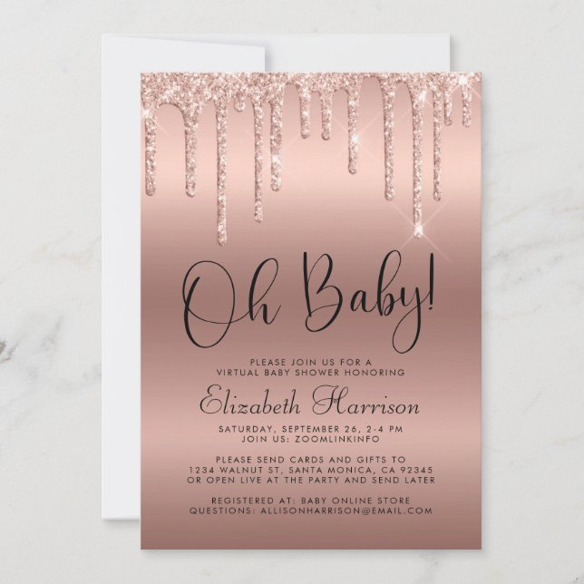 Invitation Baby shower virtuel Rose Gold Parties scintillant (Devant)