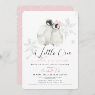 Invitation Baby shower virtuel rose Pingouin Winter Snowflake
