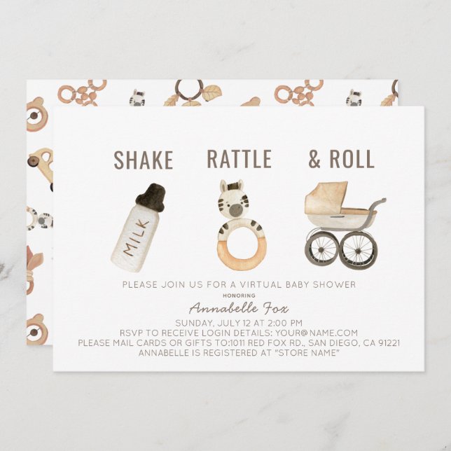 Invitation Baby shower virtuel Shake Rattle & Roll Boho (Devant / Derrière)