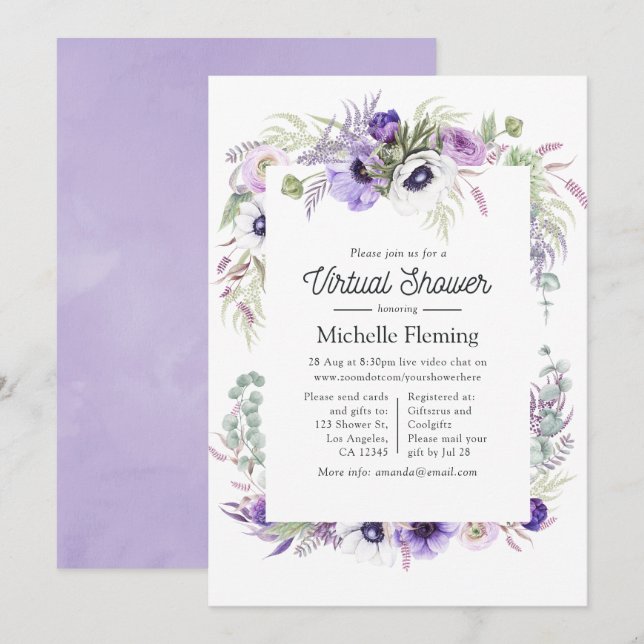Invitation Baby-shower virtuel sur le thème de la violette po (Devant / Derrière)