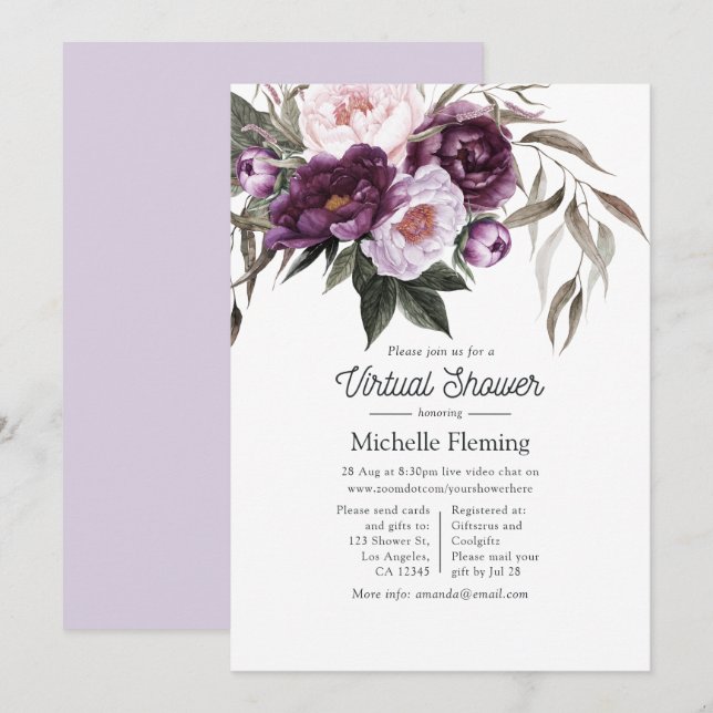 Invitation Baby shower virtuel sur le thème des fleurs en vel (Devant / Derrière)