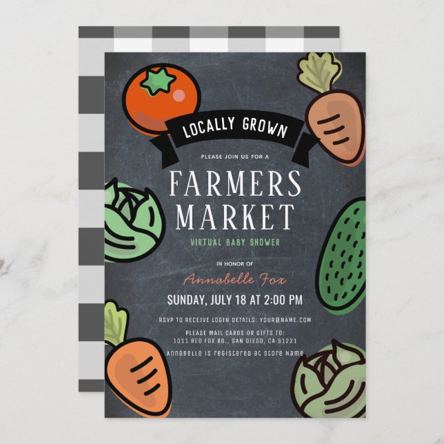 Invitation Baby Shower Virtuel sur le thème du Marché de Prod (Devant / Derrière)