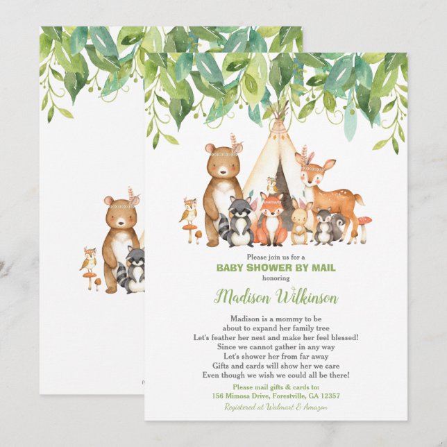 Invitation Baby shower virtuel Tribal Woodland Mail Greenery (Devant / Derrière)