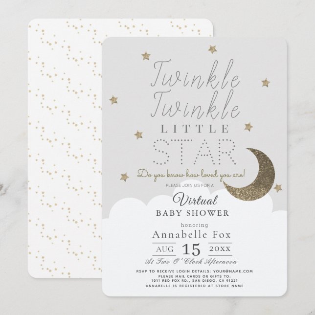 Invitation Baby shower virtuel Twinkle Little Star Grey (Devant / Derrière)