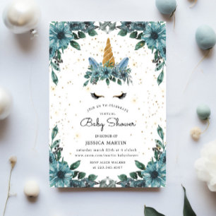 Invitation Baby shower virtuel Unicorn Floral bleu