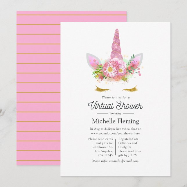 Invitation Baby shower virtuel Unicorn rose et or Floral (Devant / Derrière)