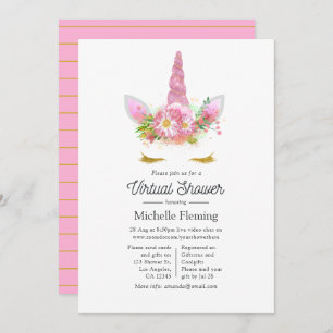 Invitation Baby shower virtuel Unicorn rose et or Floral