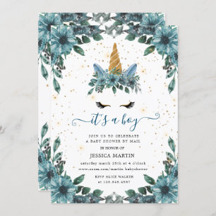 Invitation baby shower virtuel unicorne bleu floral endormi