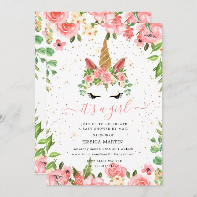 Invitation baby shower virtuel unicorne floral brillant (Devant / Derrière)