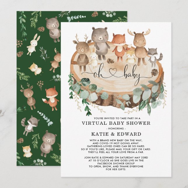 Invitation Baby shower virtuel Végétation Bois Animaux (Devant / Derrière)