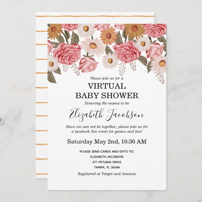 Invitation Baby shower virtuel vintage Florals (Devant / Derrière)