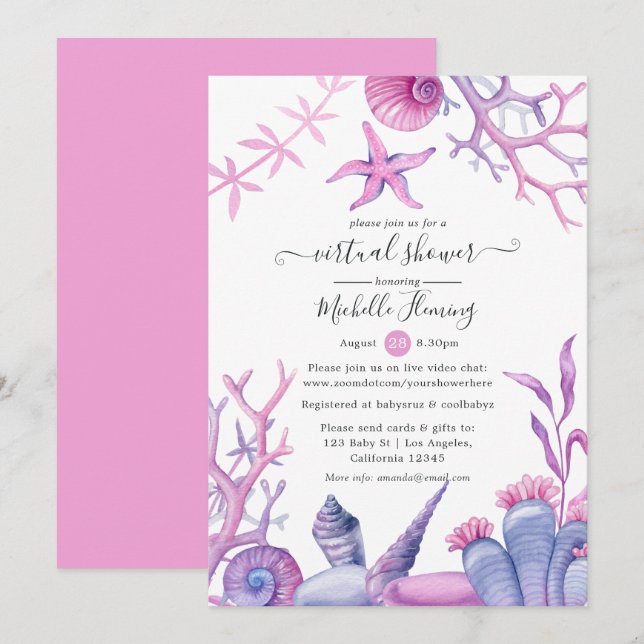 Invitation Baby shower virtuel Watercolor Ocean Life (Devant / Derrière)
