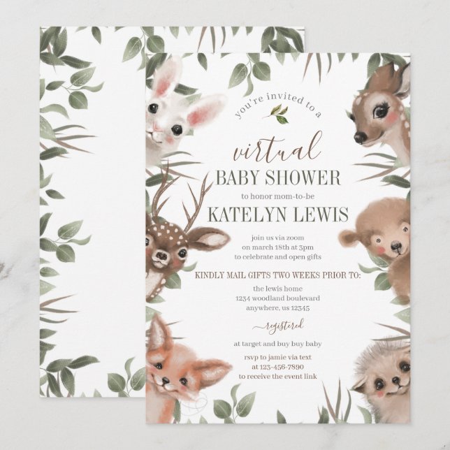 Invitation Baby shower virtuel Woodland Greenery (Devant / Derrière)