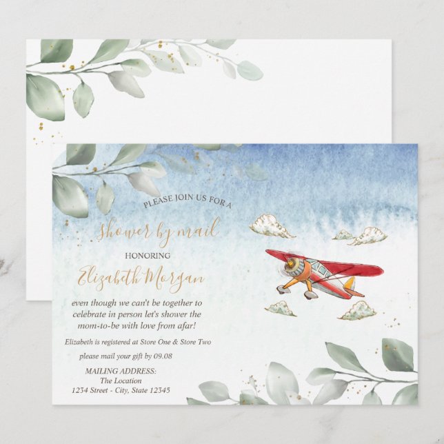 Invitation Baby-shower virtuelle d'avion par la poste (Devant / Derrière)