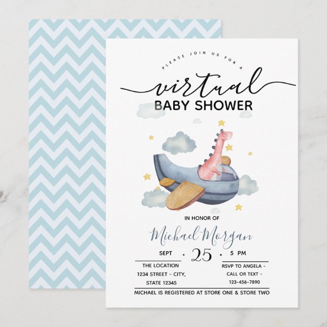 Invitation Baby-Shower Virtuelle Dino Avion Zigzag (Devant / Derrière)