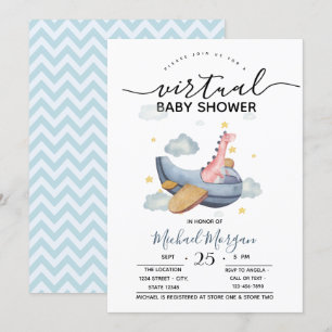 Invitation Baby-Shower Virtuelle Dino Avion Zigzag