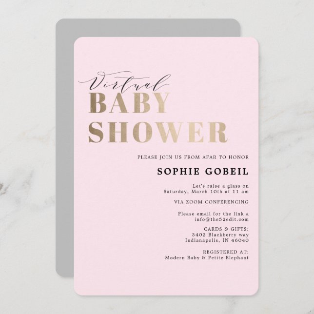 Invitation Baby shower VIRTUTAL simple rose et or (Devant / Derrière)