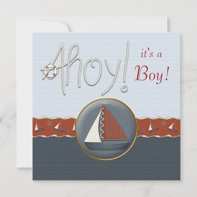 Invitation Baby Shower Voilier Bleu Rouge (Devant)