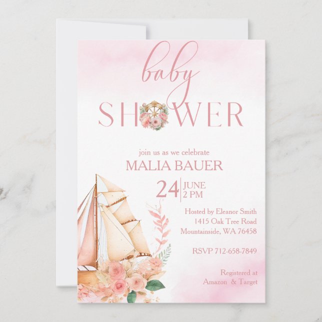 Invitation Baby shower voilier rose fleuri et or (Devant)