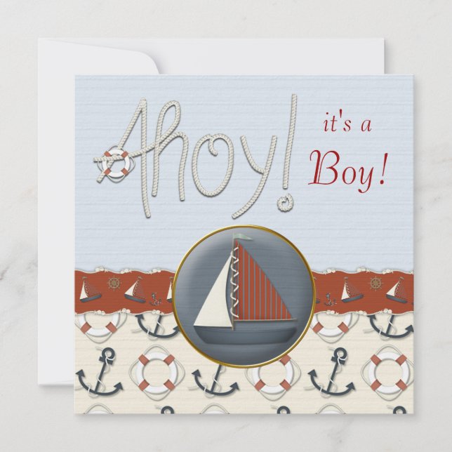 Invitation Baby Shower Voilier Rouge et Bleu (Devant)