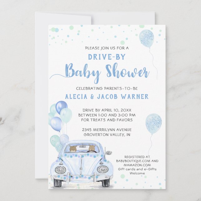 Invitation Baby shower Voiture Bleu Ballots (Devant)