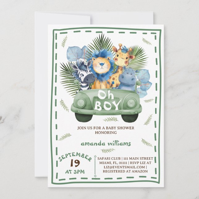 Invitation Baby shower voiture Boy Safari (Devant)